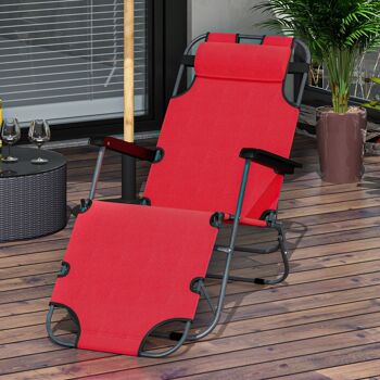Outsunny Chaise longue pliable bain de soleil transat de relaxation dossier inclinable avec repose-pied polyester oxford rouge 2
