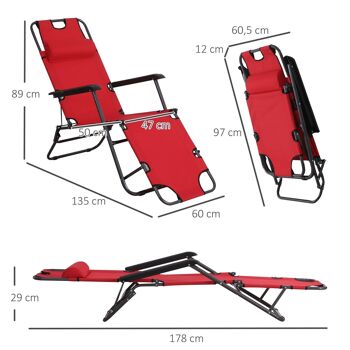 Outsunny Chaise longue pliable bain de soleil transat de relaxation dossier inclinable avec repose-pied polyester oxford rouge 3