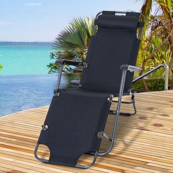 Outsunny Chaise longue pliable bain de soleil transat de relaxation dossier inclinable avec repose-pied polyester oxford noir 2