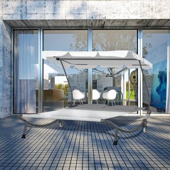Bain de soleil 2 places lit de jardin design contemporain toit réglable 2 roulettes 2 oreillers acier époxy polyester crème 2