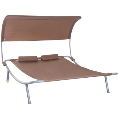 Tumbona de 2 plazas diseño contemporáneo cama de jardín techo regulable 2 ruedas 2 cojines acero epoxi poliéster marrón oscuro