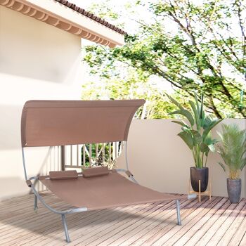 Bain de soleil 2 places lit de jardin design contemporain toit réglable 2 roulettes 2 oreillers acier époxy polyester marron foncé 2