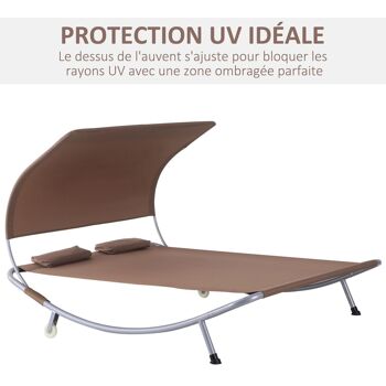 Bain de soleil 2 places lit de jardin design contemporain toit réglable 2 roulettes 2 oreillers acier époxy polyester marron foncé 4