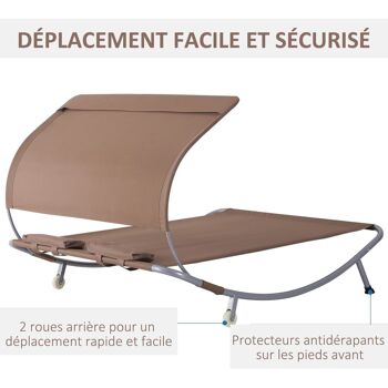 Bain de soleil 2 places lit de jardin design contemporain toit réglable 2 roulettes 2 oreillers acier époxy polyester marron foncé 5