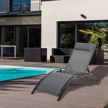 Bain de soleil transat design contemporain inclinable multi-positions tétière amovible incluse alu textilène gris 2