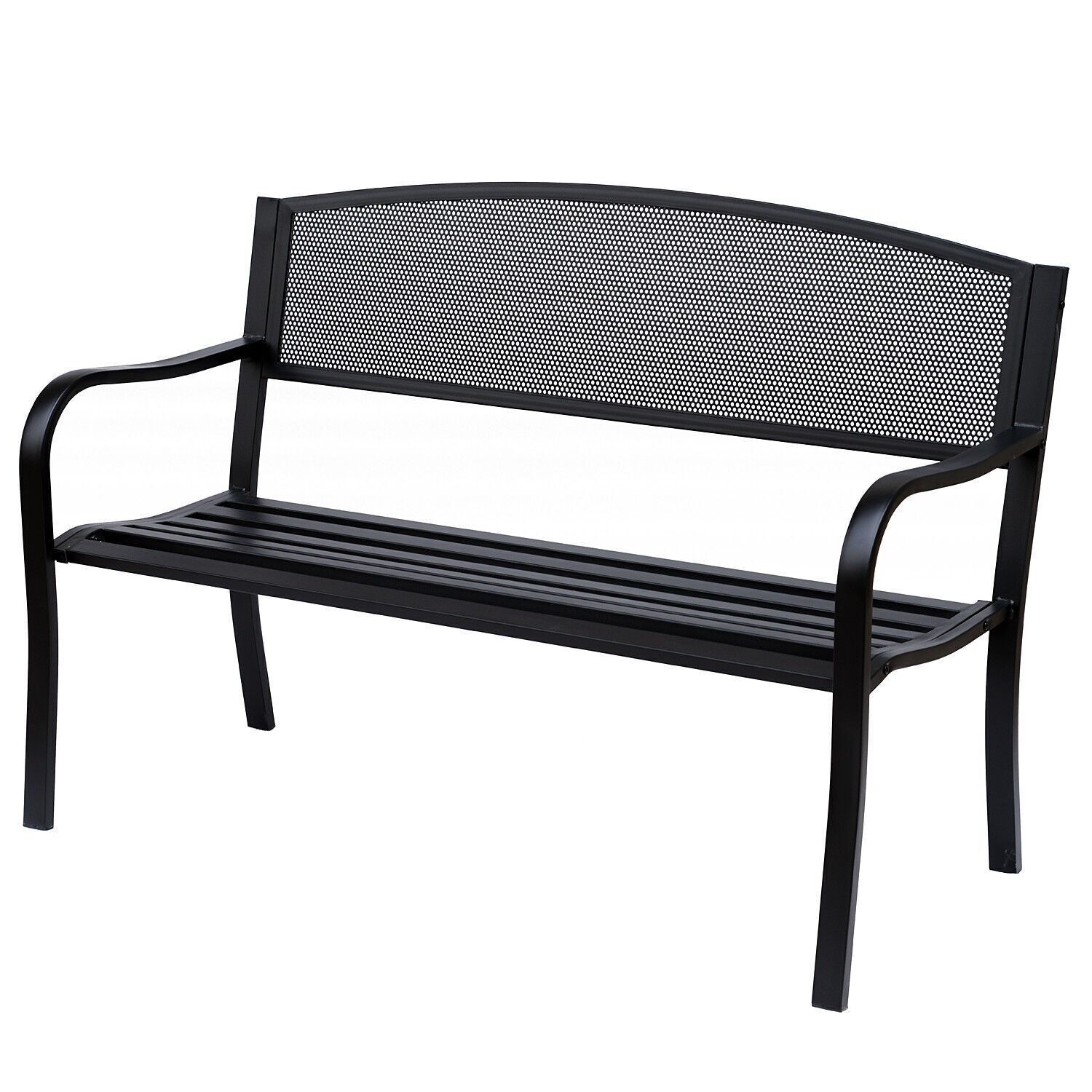 Banco de jardín para terraza de 3 plazas de estilo moderno 127L x 60W x 87H cm metal epoxi negro anticorrosión