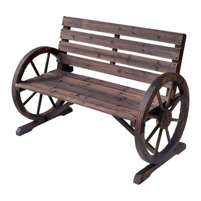 Banc de jardin 3 places style rustique chic accoudoirs roues charette bois sapin traité carbonisation