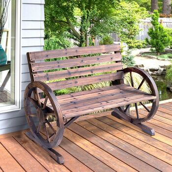 Banc de jardin 3 places style rustique chic accoudoirs roues charette bois sapin traité carbonisation 2