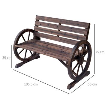 Banc de jardin 3 places style rustique chic accoudoirs roues charette bois sapin traité carbonisation 3