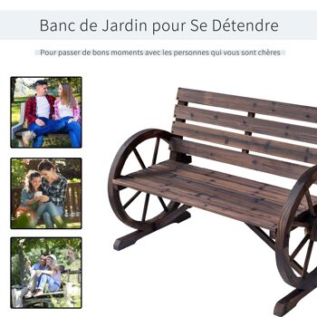 Banc de jardin 3 places style rustique chic accoudoirs roues charette bois sapin traité carbonisation 4