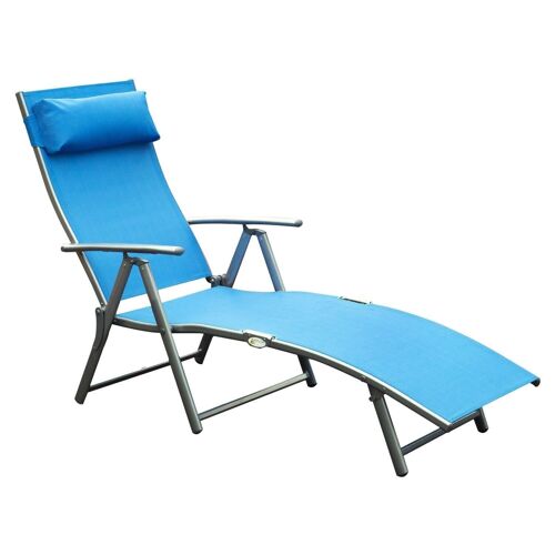 Outsunny transat chaise longue bain de soleil pliable dossier inclinable multi-positions têtière fournie 137L x 64l x 101H cm métal époxy textilène bleu