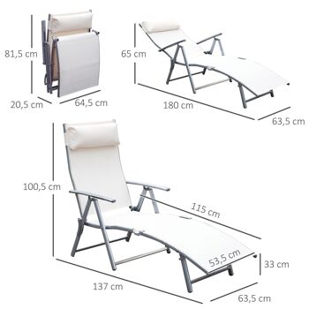 Outsunny transat chaise longue bain de soleil pliable dossier inclinable multi-positions têtière fournie 137L x 64l x 101H cm métal époxy textilène beige 3