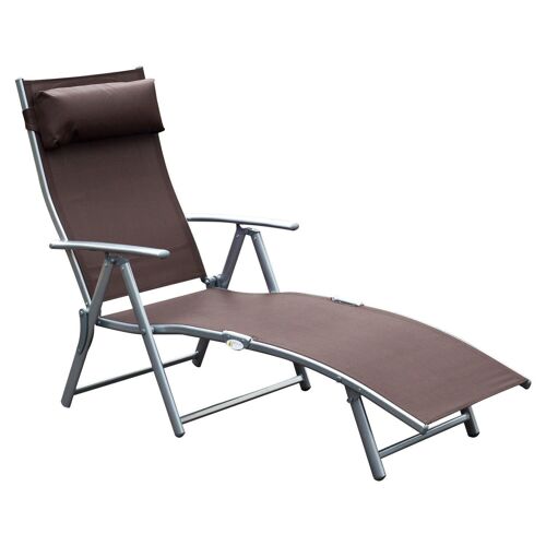 Outsunny transat chaise longue bain de soleil pliable dossier inclinable multi-positions têtière fournie 137L x 64l x 101H cm métal époxy textilène marron