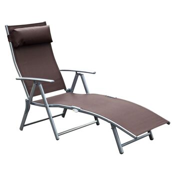Outsunny transat chaise longue bain de soleil pliable dossier inclinable multi-positions têtière fournie 137L x 64l x 101H cm métal époxy textilène marron 1