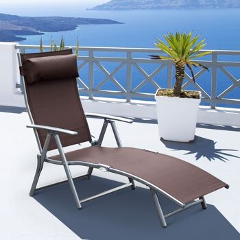 Outsunny transat chaise longue bain de soleil pliable dossier inclinable multi-positions têtière fournie 137L x 64l x 101H cm métal époxy textilène marron 2
