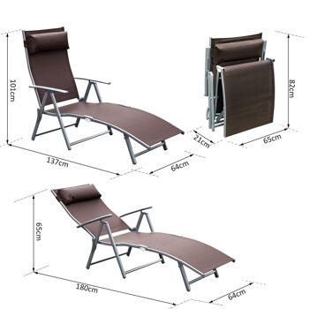 Outsunny transat chaise longue bain de soleil pliable dossier inclinable multi-positions têtière fournie 137L x 64l x 101H cm métal époxy textilène marron 3