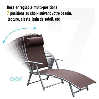 Outsunny transat chaise longue bain de soleil pliable dossier inclinable multi-positions têtière fournie 137L x 64l x 101H cm métal époxy textilène marron 5