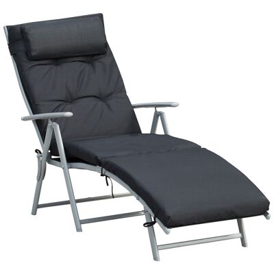 Foldable sun lounger reclining deckchair 7 positions comfortable lounge chair with mattress + black polyester textilene epoxy metal armrests