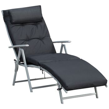 Bain de soleil pliable transat inclinable 7 positions chaise longue grand confort avec matelas + accoudoirs métal époxy textilène polyester noir 1