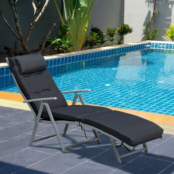 Bain de soleil pliable transat inclinable 7 positions chaise longue grand confort avec matelas + accoudoirs métal époxy textilène polyester noir 2