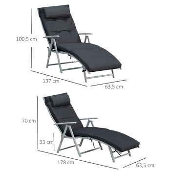 Bain de soleil pliable transat inclinable 7 positions chaise longue grand confort avec matelas + accoudoirs métal époxy textilène polyester noir 3