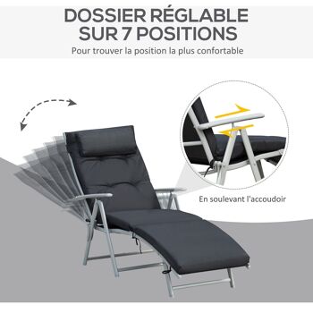 Bain de soleil pliable transat inclinable 7 positions chaise longue grand confort avec matelas + accoudoirs métal époxy textilène polyester noir 4