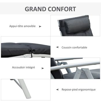 Bain de soleil pliable transat inclinable 7 positions chaise longue grand confort avec matelas + accoudoirs métal époxy textilène polyester noir 5