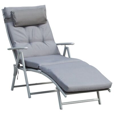 Klappbarer Sonnenliege-Liegestuhl mit 7 Positionen, bequemer Liegestuhl mit Matratze + Armlehnen aus grauem Polyester-Textil-Epoxidharz-Metall