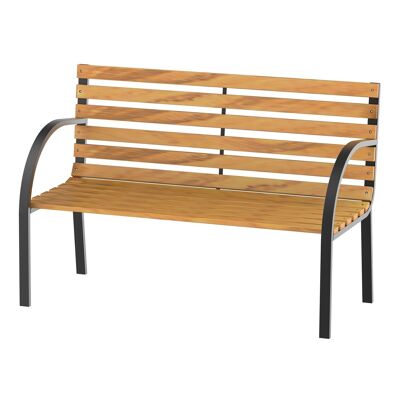 2-seater garden bench in rural chic style Stained natural wood slatted backrest Black epoxy steel frame