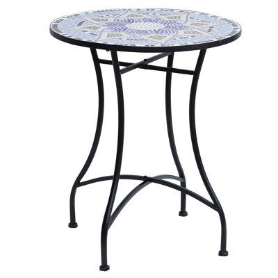 Mesa redonda estilo bistró de hierro forjado, bandeja de mosaico con diseño de flores, metal epoxi negro, cerámica anticorrosión