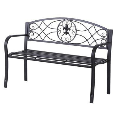 2-Sitzer-Gartenbank im Neo-Retro-Stil mit Fleur-de-Lys-Motiv aus Schmiedeeisen, Maße 128 L x 50 B x 91 H cm, schwarzes Epoxidmetall