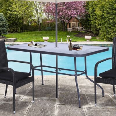 Rectangular garden table dim. 140W X 80W x 70H cm gray epoxy metal tempered glass top