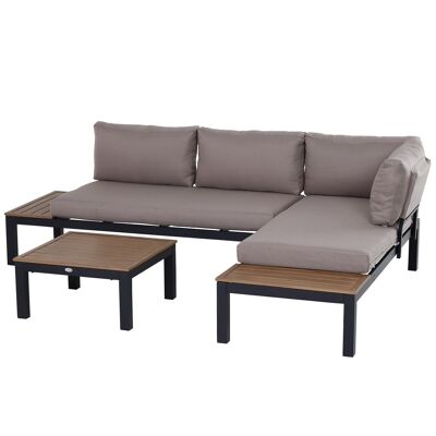 Eckgartenmöbel-Set im zeitgenössischen Design mit 5 Sitzplätzen, braunen Kissen und Couchtisch aus Aluminium. Schwarz und Holzimitat