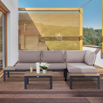 Ensemble salon de jardin d'angle design contemporain 5 places coussins marron table basse alu. noir et imitation bois 2
