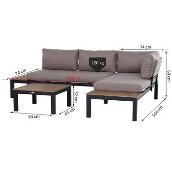 Ensemble salon de jardin d'angle design contemporain 5 places coussins marron table basse alu. noir et imitation bois 3