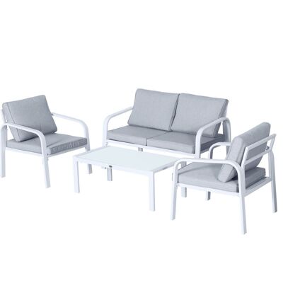 Outsunny Ensemble salon de jardin 4 personnes style Yachting - canapé 2 places 2 fauteuils table basse - coussins déperlants déhoussables gris - structure alu. blanc