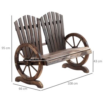 Banc de jardin 2 places Adirondack style rustique chic accoudoirs roues charette bois sapin traité carbonisation 3