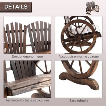 Banc de jardin 2 places Adirondack style rustique chic accoudoirs roues charette bois sapin traité carbonisation 4