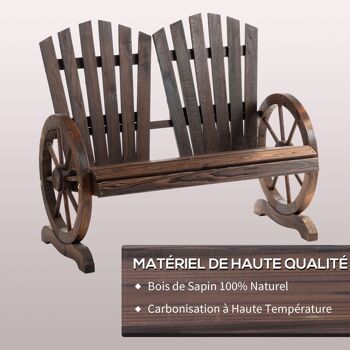 Banc de jardin 2 places Adirondack style rustique chic accoudoirs roues charette bois sapin traité carbonisation 5