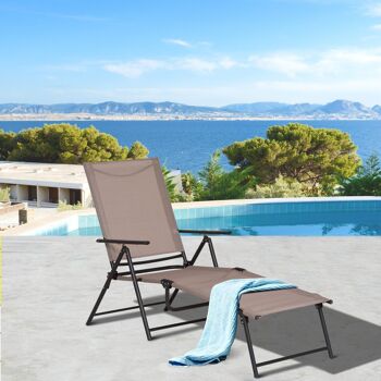 Bain de soleil pliable transat inclinable 5 positions chaise longue grand confort avec accoudoirs dim. 152L x 65l x 100H cm métal époxy textilène sable 2