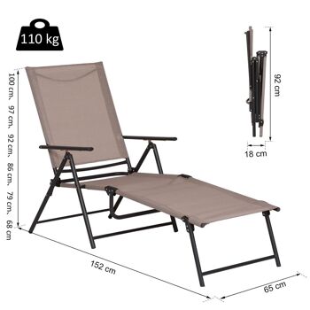 Bain de soleil pliable transat inclinable 5 positions chaise longue grand confort avec accoudoirs dim. 152L x 65l x 100H cm métal époxy textilène sable 3
