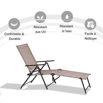 Bain de soleil pliable transat inclinable 5 positions chaise longue grand confort avec accoudoirs dim. 152L x 65l x 100H cm métal époxy textilène sable 4