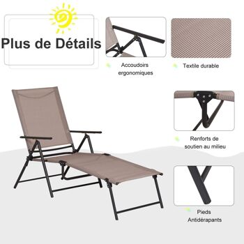 Bain de soleil pliable transat inclinable 5 positions chaise longue grand confort avec accoudoirs dim. 152L x 65l x 100H cm métal époxy textilène sable 5