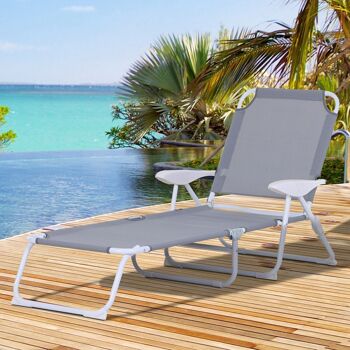 Bain de soleil pliable - transat inclinable 4 positions - chaise longue grand confort avec accoudoirs - métal époxy textilène - dim. 160L x 66l x 80H cm - gris clair 2