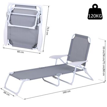 Bain de soleil pliable - transat inclinable 4 positions - chaise longue grand confort avec accoudoirs - métal époxy textilène - dim. 160L x 66l x 80H cm - gris clair 3
