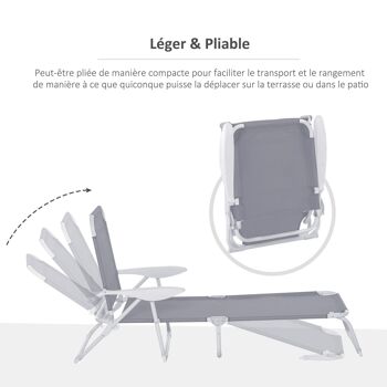 Bain de soleil pliable - transat inclinable 4 positions - chaise longue grand confort avec accoudoirs - métal époxy textilène - dim. 160L x 66l x 80H cm - gris clair 4