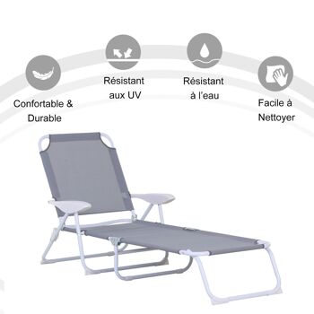 Bain de soleil pliable - transat inclinable 4 positions - chaise longue grand confort avec accoudoirs - métal époxy textilène - dim. 160L x 66l x 80H cm - gris clair 5