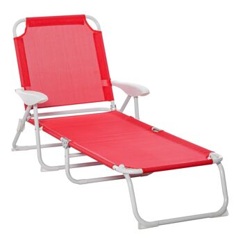 Bain de soleil pliable - transat inclinable 4 positions - chaise longue grand confort avec accoudoirs - métal époxy textilène - dim. 160L x 66l x 80H cm - rouge 1