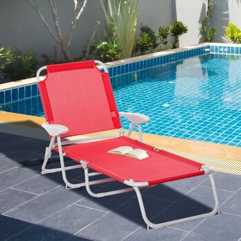 Bain de soleil pliable - transat inclinable 4 positions - chaise longue grand confort avec accoudoirs - métal époxy textilène - dim. 160L x 66l x 80H cm - rouge 2