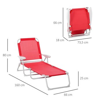 Bain de soleil pliable - transat inclinable 4 positions - chaise longue grand confort avec accoudoirs - métal époxy textilène - dim. 160L x 66l x 80H cm - rouge 3